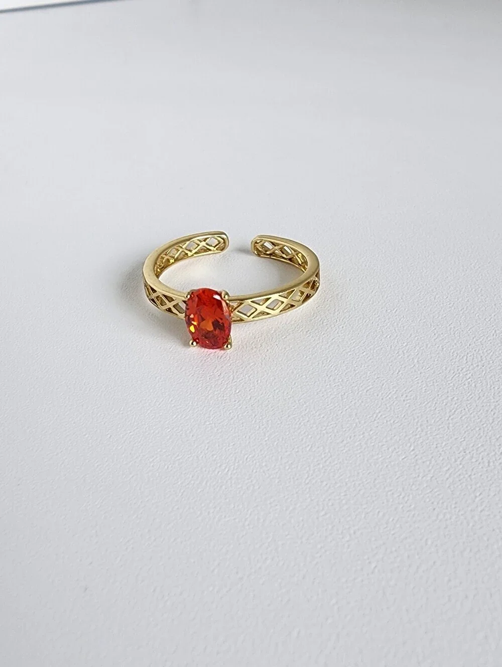 Gold Plated Adjustable Ring Red Ruby CZ Solitaire Statement Ring